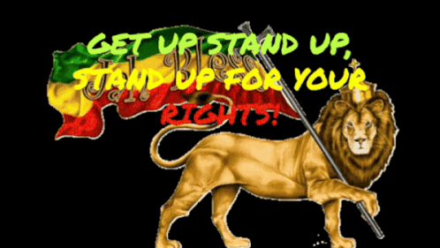 A Lion Holding A Flag With The Words " Get Up Stand Up Stand Up For Your Rights " GIF