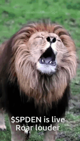 A Lion Is Roaring In The Grass With A Caption That Says $ Spdn Is Live Roar Louder . GIF