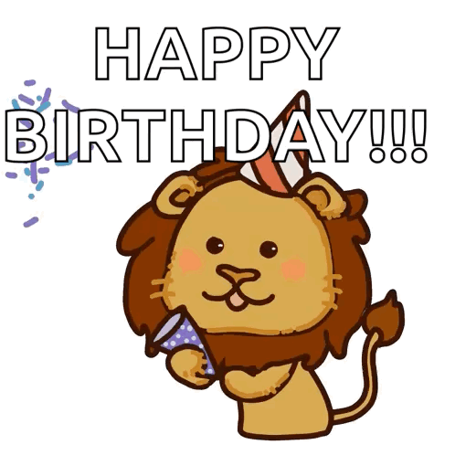 A Lion Wearing A Party Hat Is Holding A Confetti Cannon And Says Happy Birthday GIF