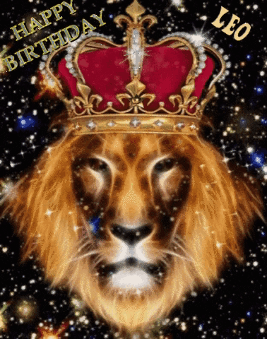 A Lion Wearing A Red And Gold Crown With The Words Happy Birthday Leo GIF