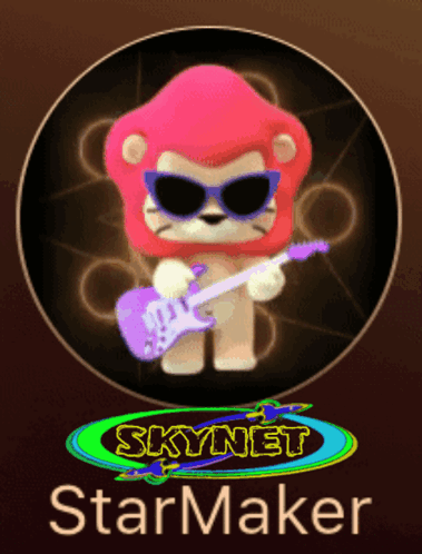 A Lion Wearing Sunglasses Is Holding A Purple Guitar With The Words Skynet Starmaker Below It GIF