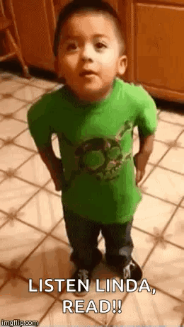 A Little Boy In A Green Shirt Is Standing On A Tiled Floor And Says `` Listen Linda , Read ! '' GIF