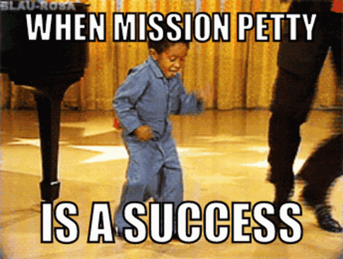 A Little Boy Is Dancing In Front Of A Piano With A Caption That Says When Mission Petty Is A Success GIF