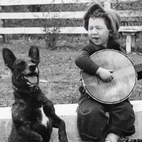 a little boy is playing a banjo next to a dog