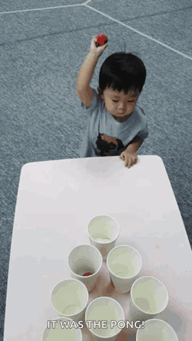 A Little Boy Is Playing Beer Pong With Cups And A Red Ball GIF