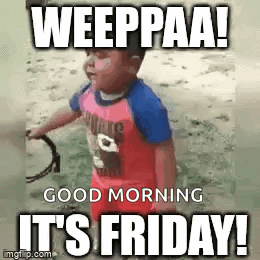 A Little Boy Is Playing With A Frisbee On The Beach And Says `` Good Morning It 'S Friday ! '' GIF