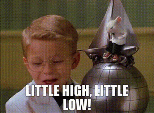 A Little Boy Is Standing Next To A Model Of A Mouse On Top Of A Globe With The Words Little High Little Low Written On I GIF