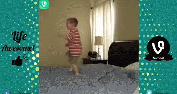 A Little Boy Jumping On A Bed With The Words Life Awesome On The Bottom GIF