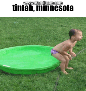 A Little Boy Squatting Next To A Green Pool That Says Tintah Minnesota On The Top GIF