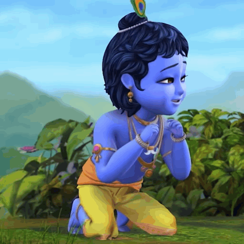 A Little Boy With Blue Hair And A Peacock Feather On His Head Is Kneeling Down GIF