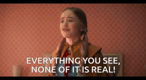 A Little Girl Crying With The Words " Everything You See None Of It Is Real " Behind Her GIF