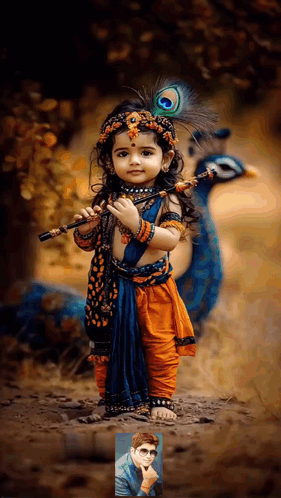 A Little Girl Dressed In A Costume Of Krishna Holding A Flute GIF