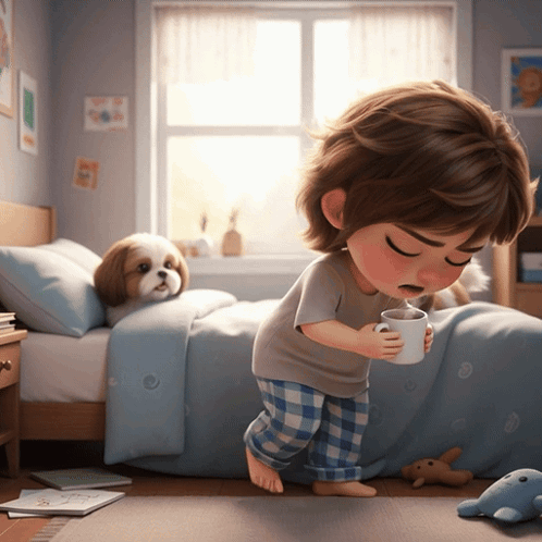 A Little Girl Drinks From A Cup In A Bedroom GIF