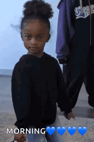 A Little Girl In A Black Sweater Is Holding Hands With A Man In A Purple Jacket And The Words Morning Above Her GIF