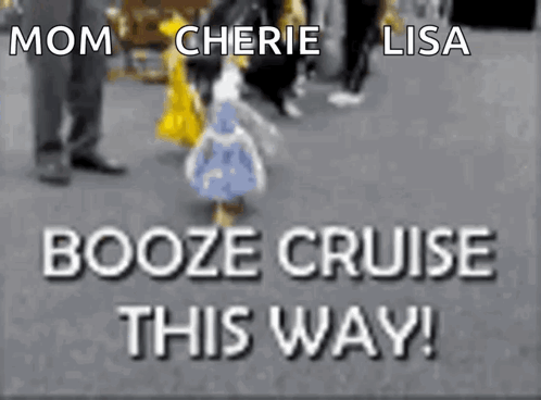 A Little Girl In A Blue Dress Is Walking Down A Street With The Words `` Mom Cherie Lisa Booze Cruise This Way '' . GIF
