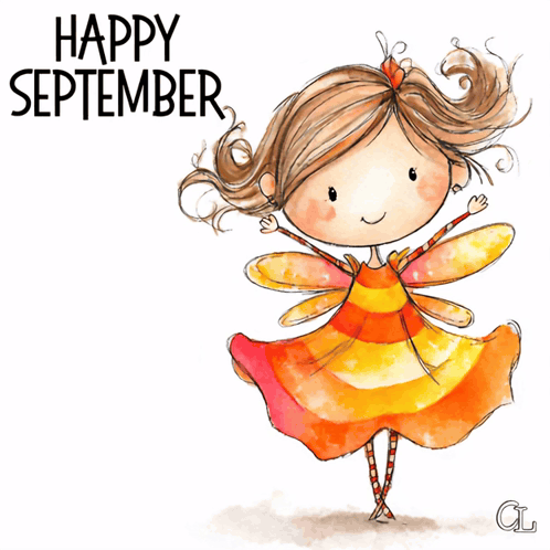 a little girl in a fairy costume with the words happy september above her