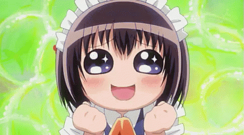 A Little Girl In A Maid Outfit Is Smiling And Making A Funny Face . GIF