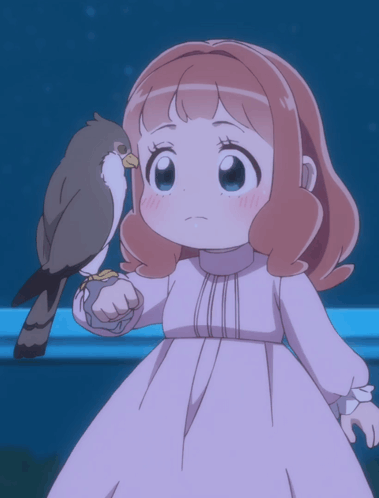 A Little Girl In A Pink Dress Holds A Small Bird In Her Hand GIF