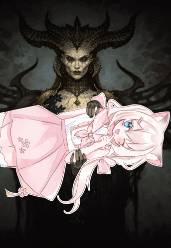 A Little Girl In A Pink Dress Is Being Held By A Demon With Horns GIF