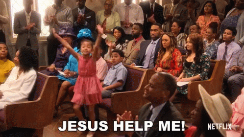 A Little Girl In A Pink Dress Is Dancing In A Church With The Words Jesus Help Me Written On The Bottom GIF