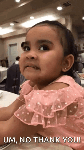 A Little Girl In A Pink Dress Is Sitting At A Table With The Words `` Um , No Thank You '' Written Below Her . GIF