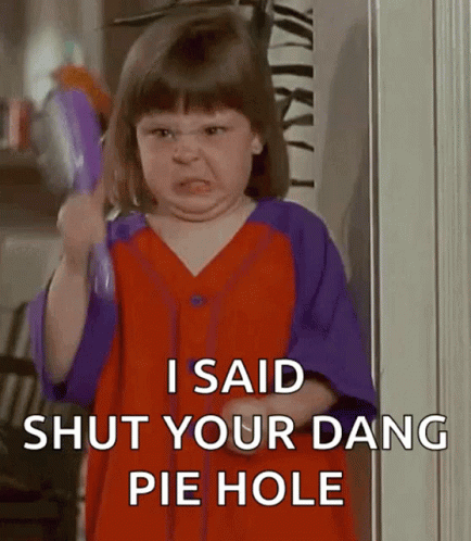 A Little Girl In A Red And Purple Dress Is Holding A Brush And Saying I Said Shut Your Dang Pie Hole GIF