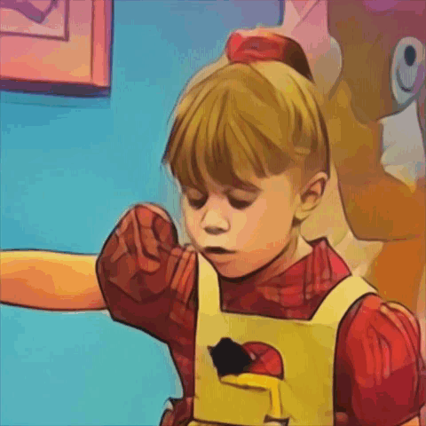 A Little Girl In A Red And Yellow Dress Is Walking GIF