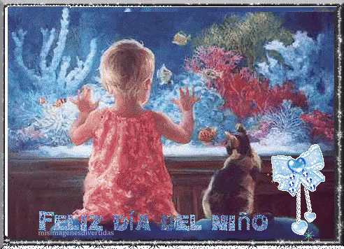 A Little Girl In A Red Dress Looks At Fish In An Aquarium With The Words Feliz Dia Del Niño Written On The Bottom GIF