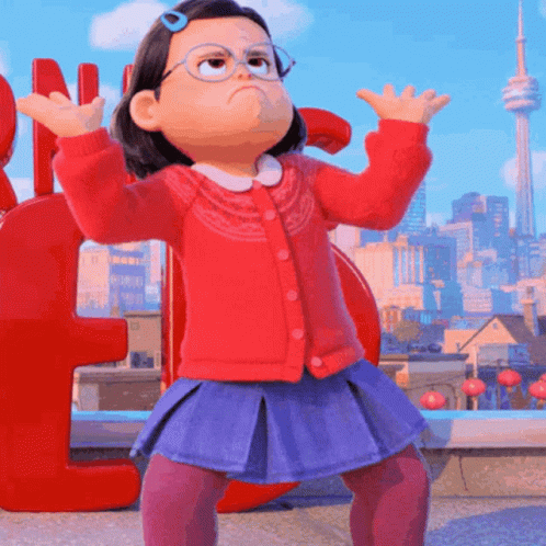 A Little Girl In A Red Sweater And Blue Skirt Stands In Front Of A Large Red Letter N GIF