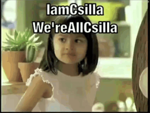 A Little Girl In A White Dress With The Words " Lamcsilla We 'Re Allcsilla " On The Bottom GIF