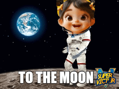 A Little Girl In An Astronaut Costume Is Standing On The Moon With The Words To The Moon Super Victor On The Bottom GIF