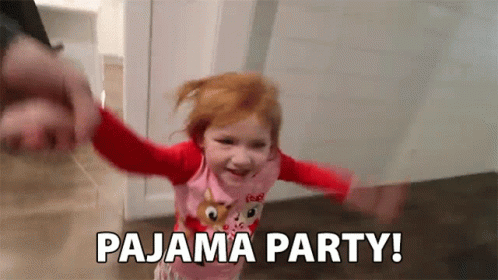 A Little Girl In Pajamas Is Running In A Room With The Words Pajama Party . GIF