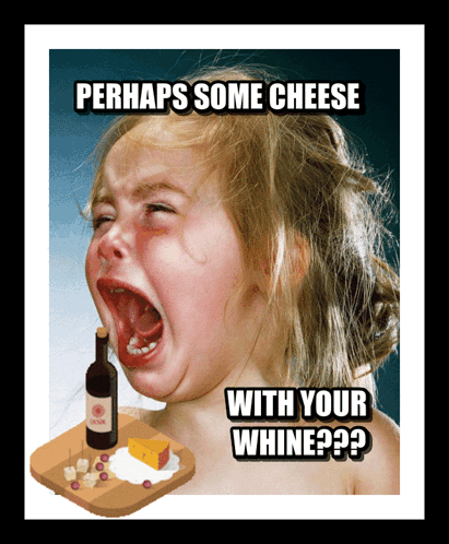 A Little Girl Is Crying With A Bottle Of Wine And Cheese On A Cutting Board With The Caption Perhaps Some Cheese With Yo GIF