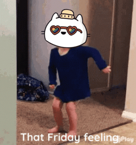 A Little Girl Is Dancing With A Cat On Her Head And The Text That Friday Feeling Play GIF