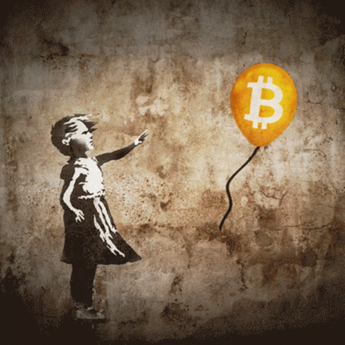 A Little Girl Is Holding A Balloon With A Bitcoin Symbol On It GIF