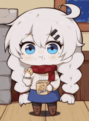 A Little Girl Is Holding A Box Of Cookies In Her Hand GIF