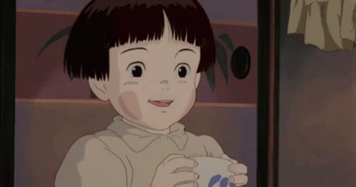 A Little Girl Is Holding A Cup And Smiling In A Cartoon GIF