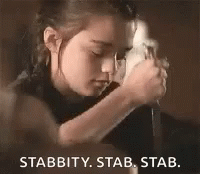 A Little Girl Is Holding A Knife In Her Hands And Says `` Stabbity , Stab , Stab . '' GIF