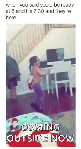 A Little Girl Is Jumping In The Air In A Living Room With The Words Coming Outside Now . GIF