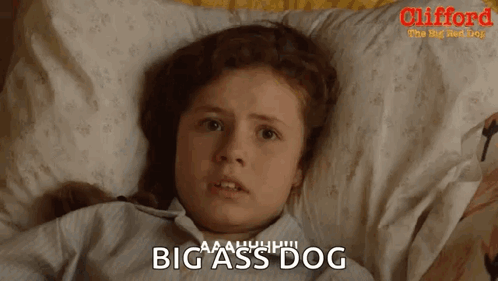 A Little Girl Is Laying On A Bed With A Pillow And The Words Big Ass Dog On The Bottom GIF