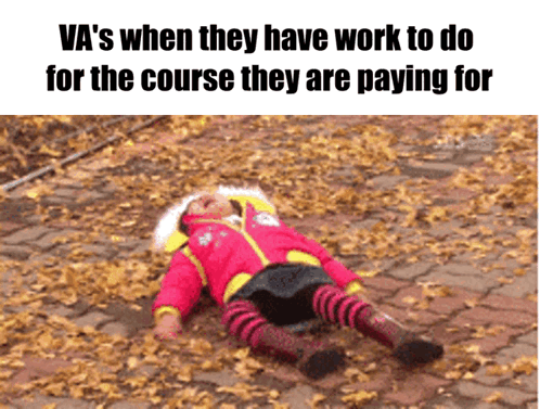 a little girl is laying on the ground with leaves around her and the caption va 's when they have work to do