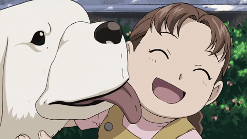 A Little Girl Is Licking A Dog 'S Nose And Smiling GIF