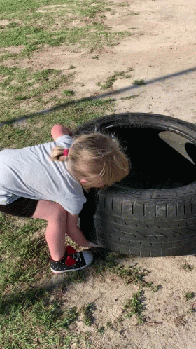 A Little Girl Is Playing With A Tire In A Field GIF