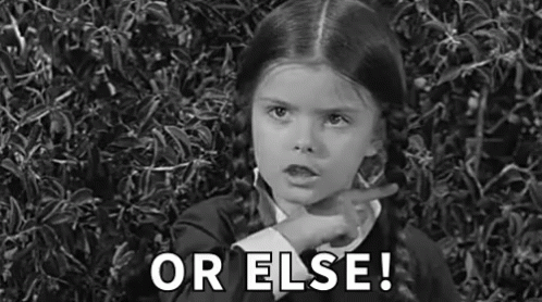 A Little Girl Is Pointing At Something In A Black And White Photo And Says `` Or Else ! '' GIF