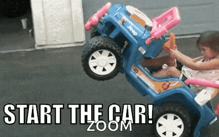 A Little Girl Is Sitting In A Blue Toy Car With The Words Start The Car Zoom Written On The Bottom . GIF