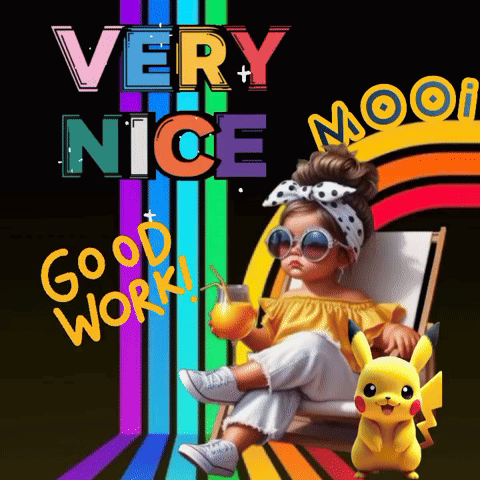 A Little Girl Is Sitting In A Chair Holding A Drink And A Pikachu Standing Next To Her GIF