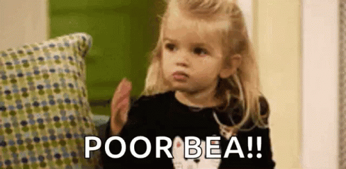 A Little Girl Is Sitting On A Couch With A Pillow And A Sign That Says Poor Bea . GIF