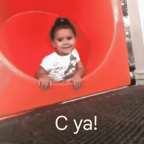 A Little Girl Is Sitting On A Red Slide And The Words C Ya Are Below Her GIF