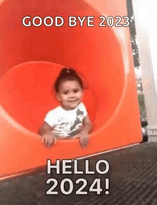 A Little Girl Is Sitting On A Slide With The Words `` Good Bye 2023 Hello 2024 '' . GIF