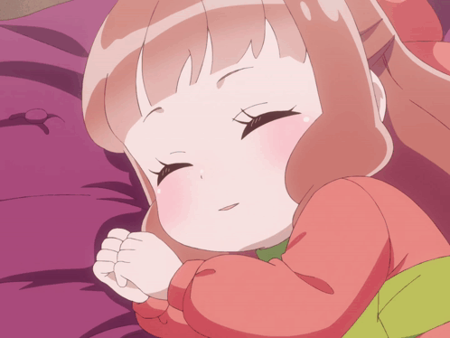 A Little Girl Is Sleeping On A Purple Pillow With Her Eyes Closed GIF